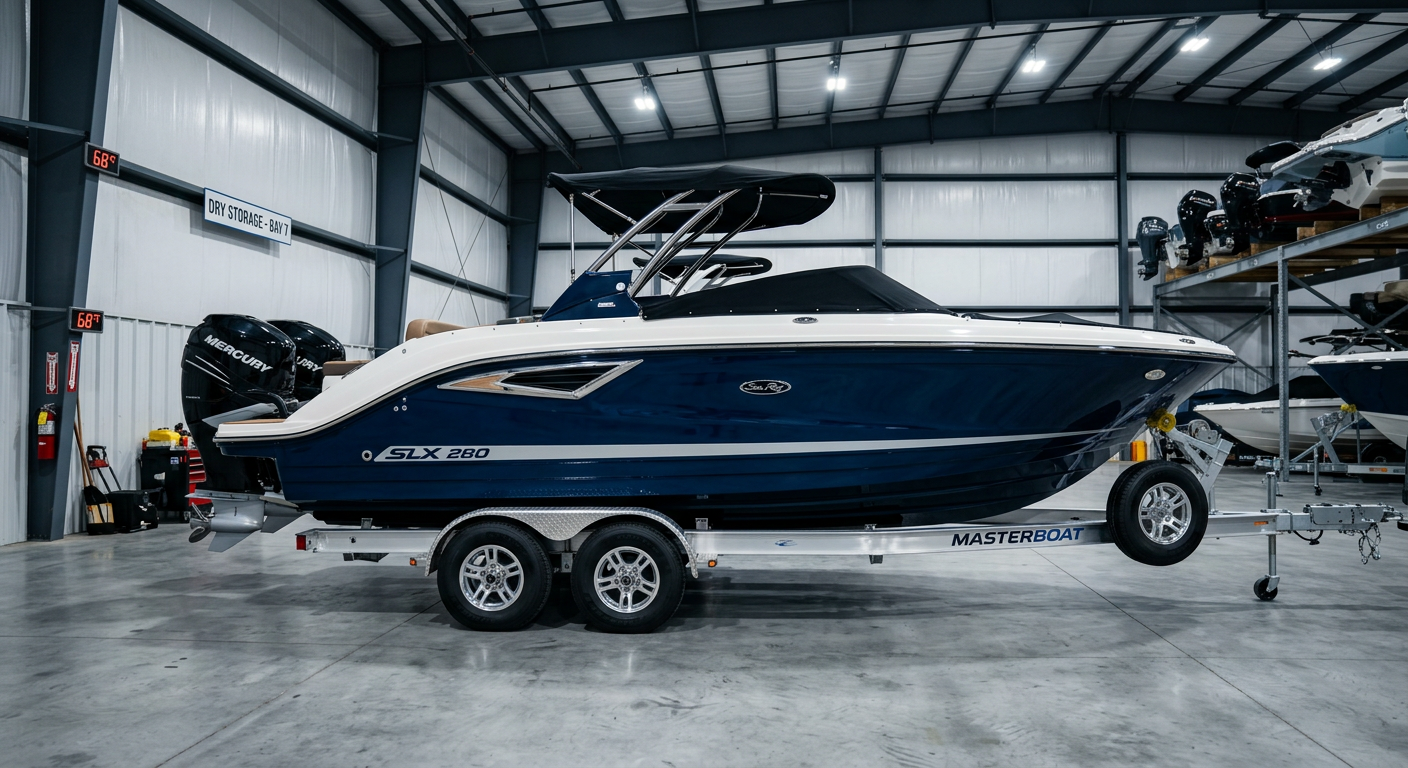 Sleek premium powerboat on an immaculate quality dual-axle trailer inside a dry, temperature-controlled warehouse. Dynamic cinematic lightning, sharp camera work showing clean dry storage conditions.